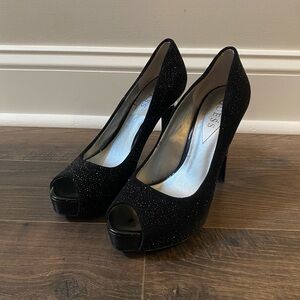 Guess Black Glitter Peep-Toe Heels